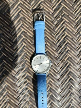 Michael Kors Womens Silver Dial Watch with Light Blue Safiano Leather Strap